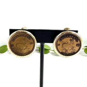1980s Krugerrand Coin Clip-On Earrings, Gold Tone Round 1," Vintage Jewelry